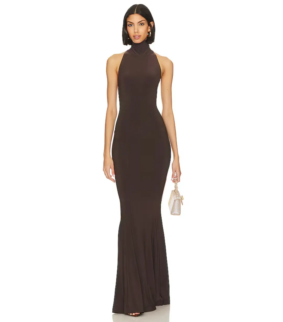 Norma Kamali Halter Turtle Fishtail Gown in Chocolate Size AU 10 for rent on The Volte - main image