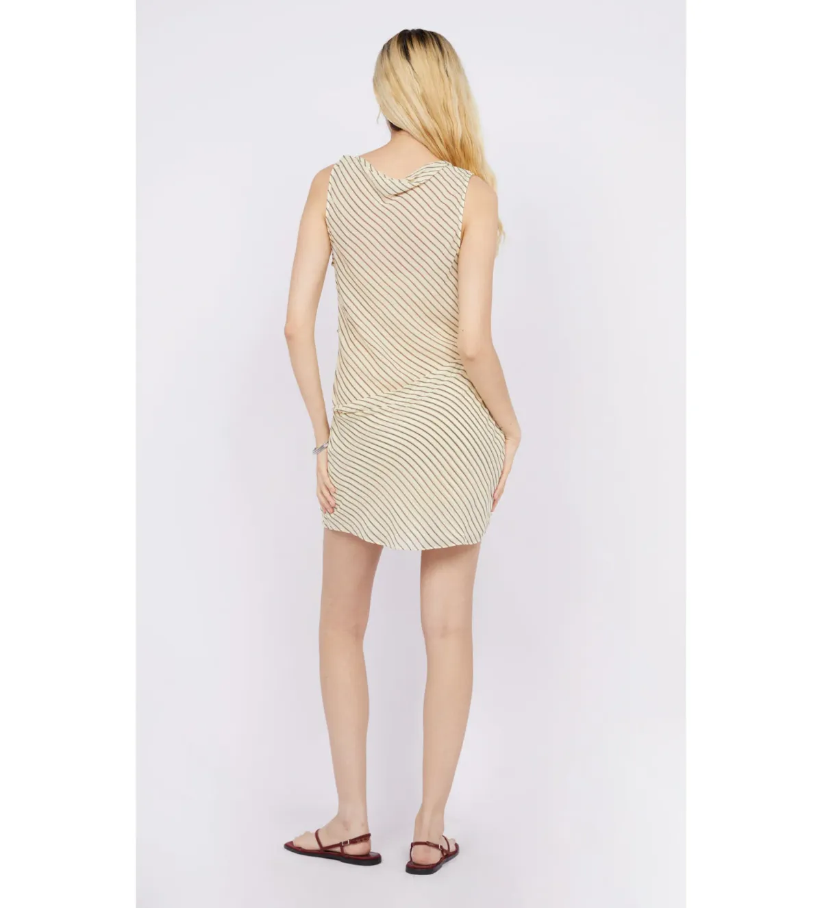 Bec & Bridge Anise Asym Mini Dress in Butter/Plum Stripe Size AU 12 - Image 3