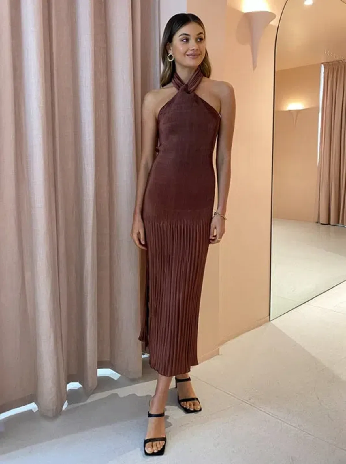 L'Idee Soiree Pleated Halter Dress in Chocolate Size 10 for rent on The Volte - main image