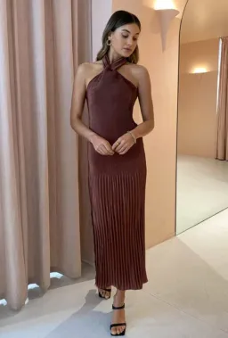 L'Idee Soiree Pleated Halter Dress in Chocolate Size 10 for rent on The Volte - image 3