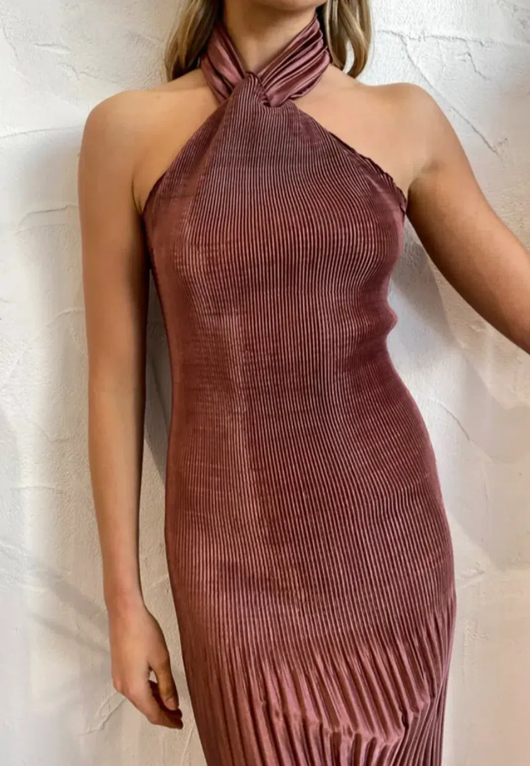 L'Idee Soiree Pleated Halter Dress in Chocolate Size 10 for rent on The Volte - main image