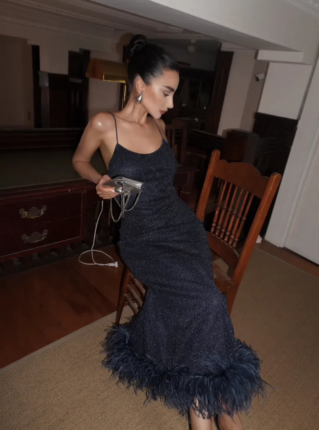 Oseree SS25 Lumière Plumage Slip Dress in Night Blue Size AU 6 for rent on The Volte - main image
