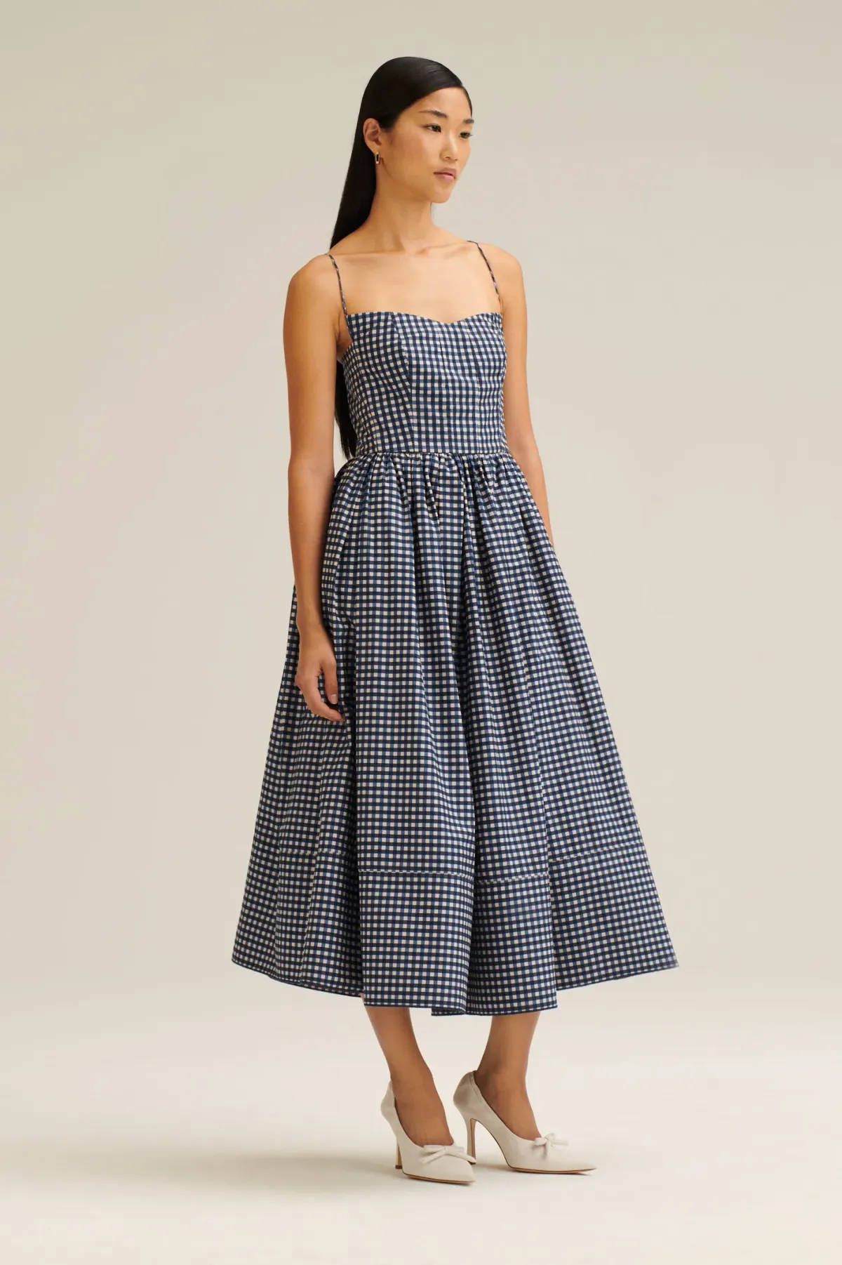 Scanlan Theodore Gingham Print Ballerina Dress Navy Shell Size 6 for rent on The Volte - main image
