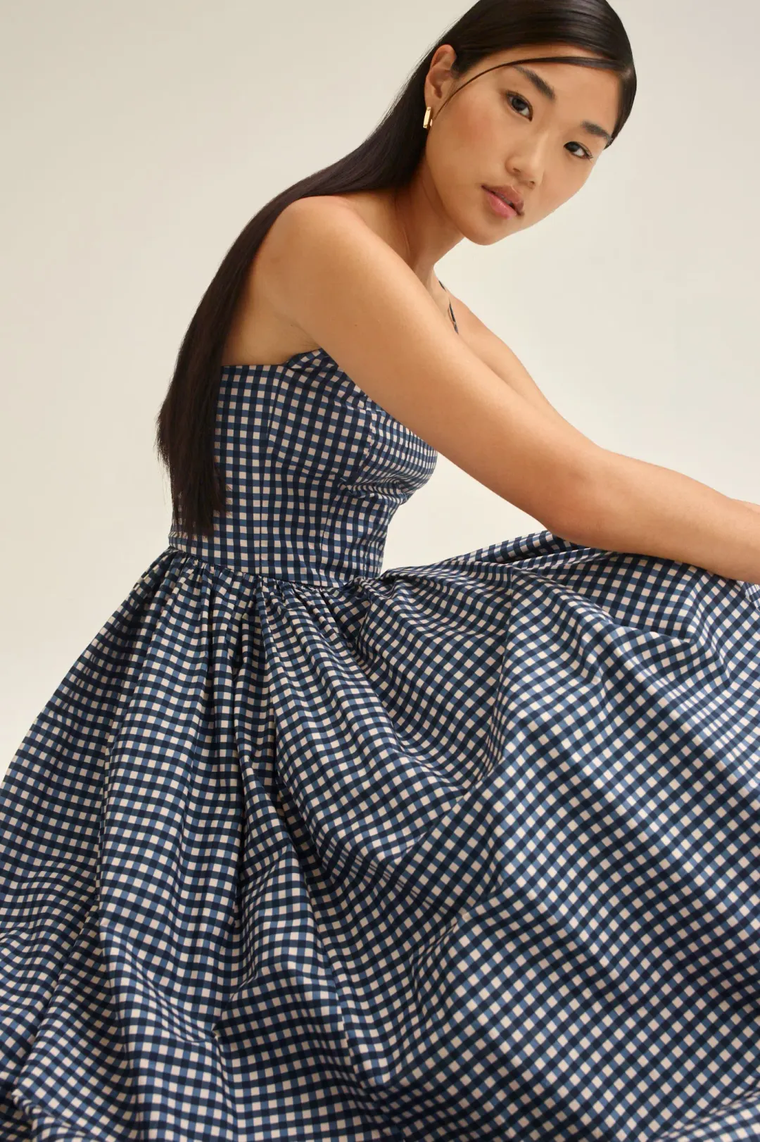 Scanlan Theodore Gingham Print Ballerina Dress Navy Shell Size 6 for rent on The Volte - main image
