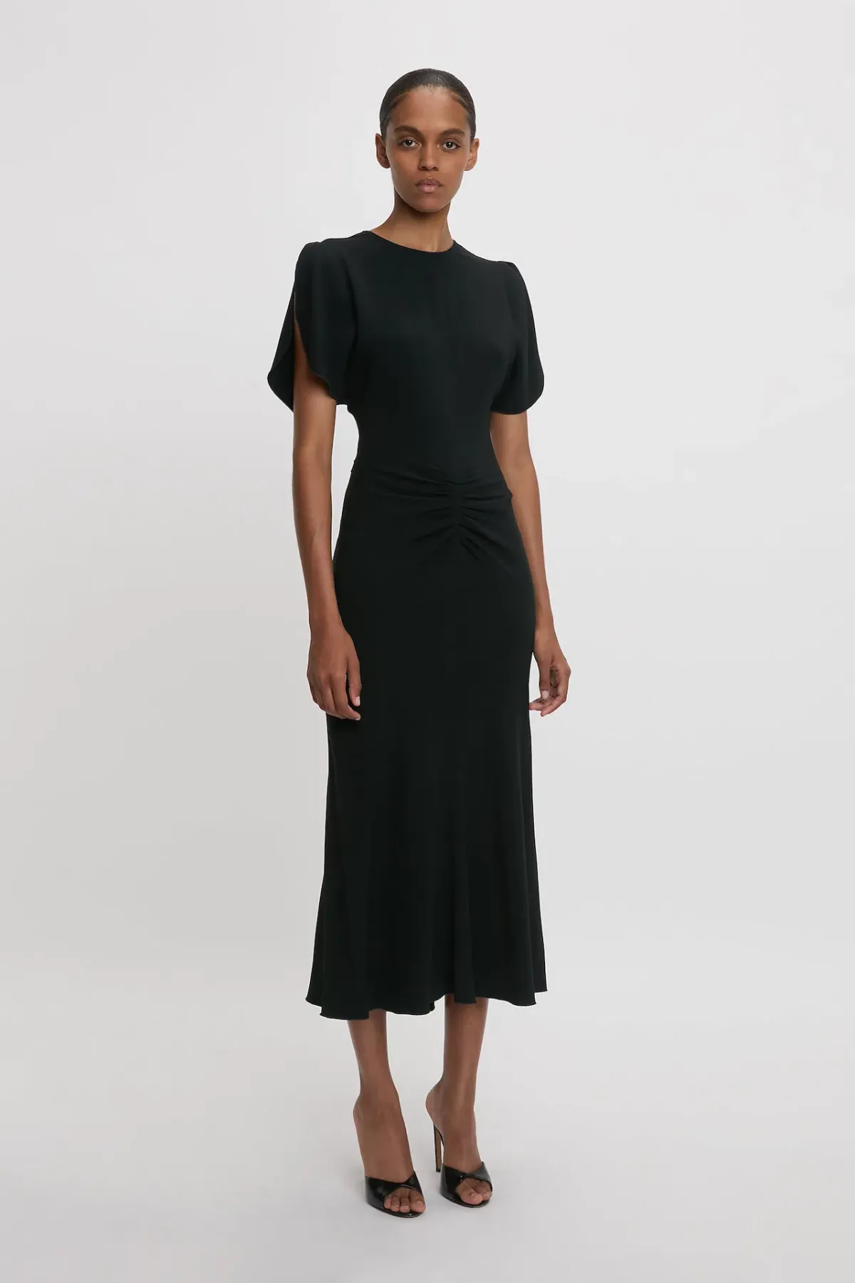 Victoria Beckham Gathered Waist Midi Dress in Black Size 8 for rent on The Volte - main image
