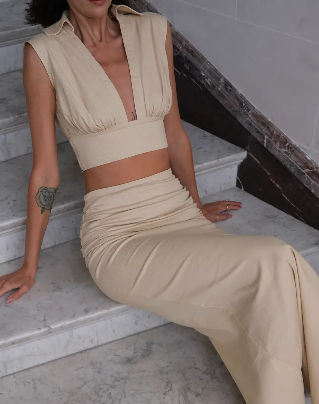 Arcina Ori Carmen Top & Skirt Set Stone Beige Size 6 for rent on The Volte - main image