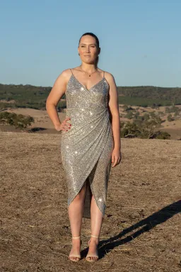 Shona Joy Dress Sequin Sparkle Drape Front Midi Dress Size 12 for rent on The Volte - image 2