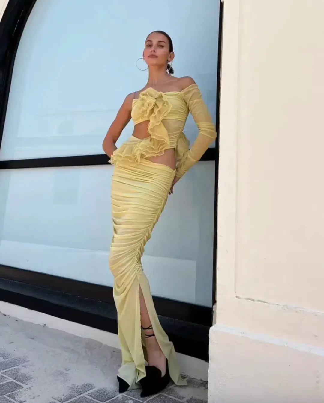 Bec & Bridge Spiral Crush Asymmetrical Maxi Dress in Citrus Size 8 for rent on The Volte - main image