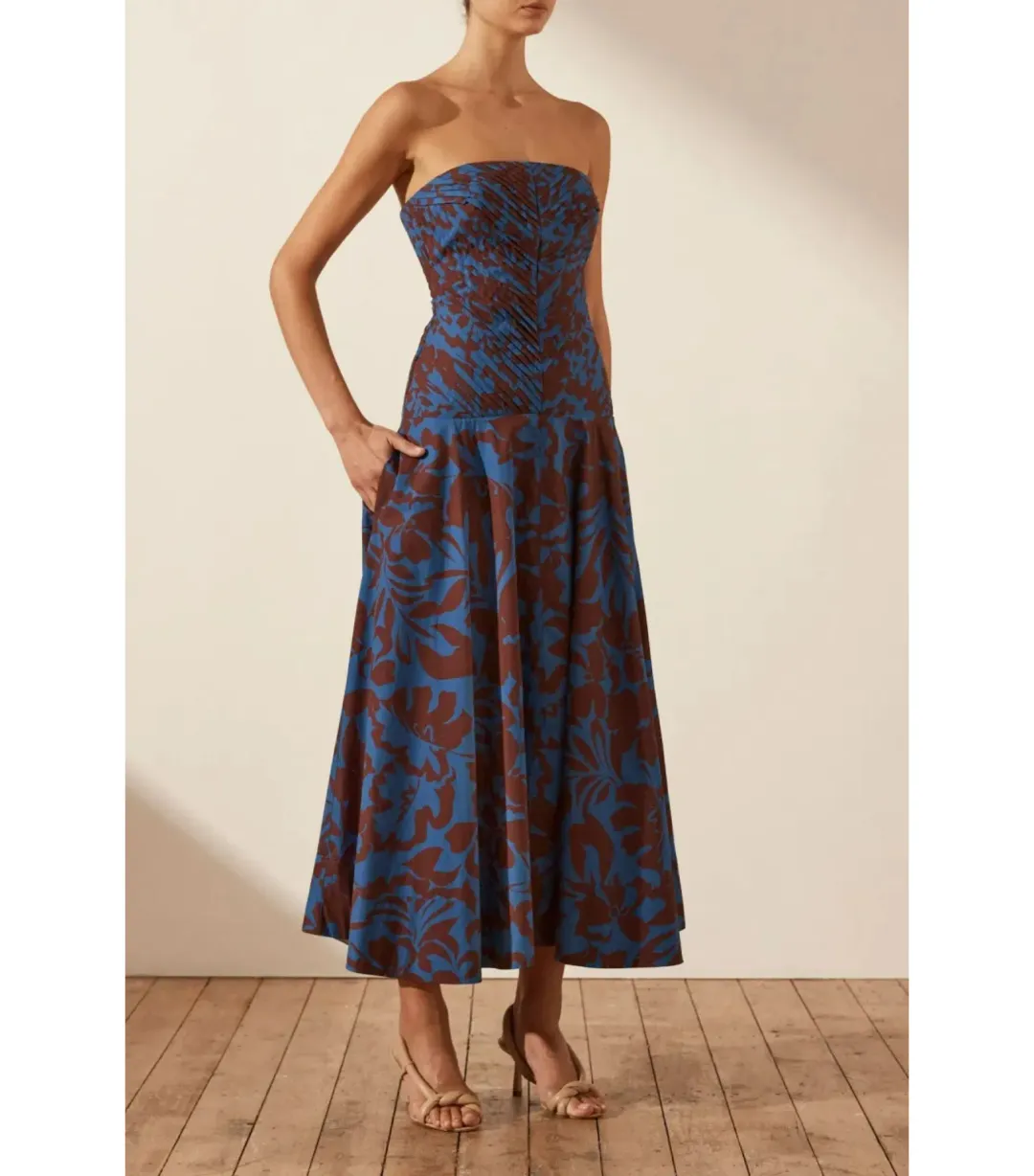 Shona Joy Cartia Strapless Pleated Midi Dress Print Size AU 8 for rent on The Volte - main image