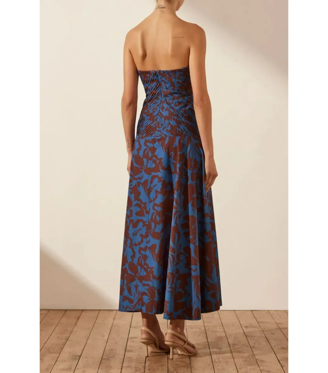 Shona Joy Cartia Strapless Pleated Midi Dress Print Size AU 8 for rent on The Volte - main image