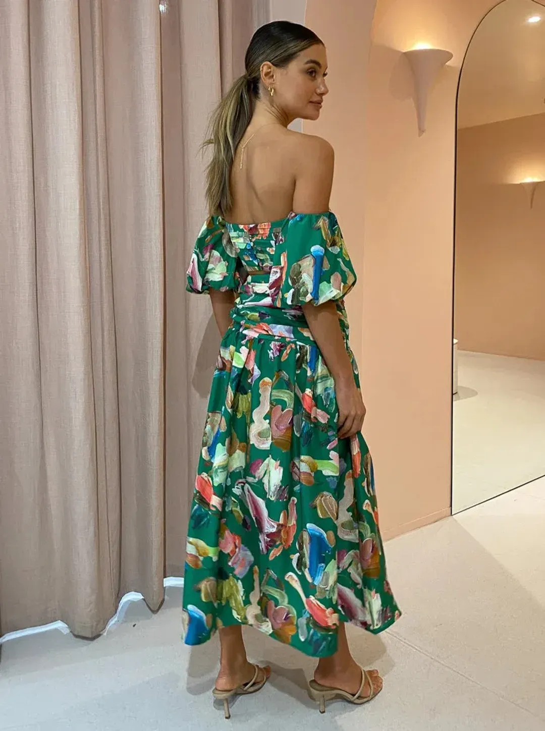 Alemais Arlo Puff Sleeve Crop Top & Midi Skirt Set Green Multi Size 8 for rent on The Volte - main image