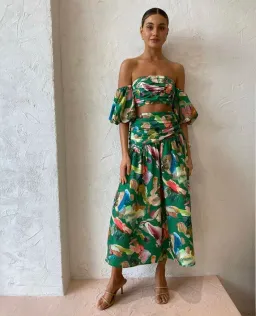 Alemais Arlo Puff Sleeve Crop Top & Midi Skirt Set Green Multi Size 8 for rent on The Volte - image 4