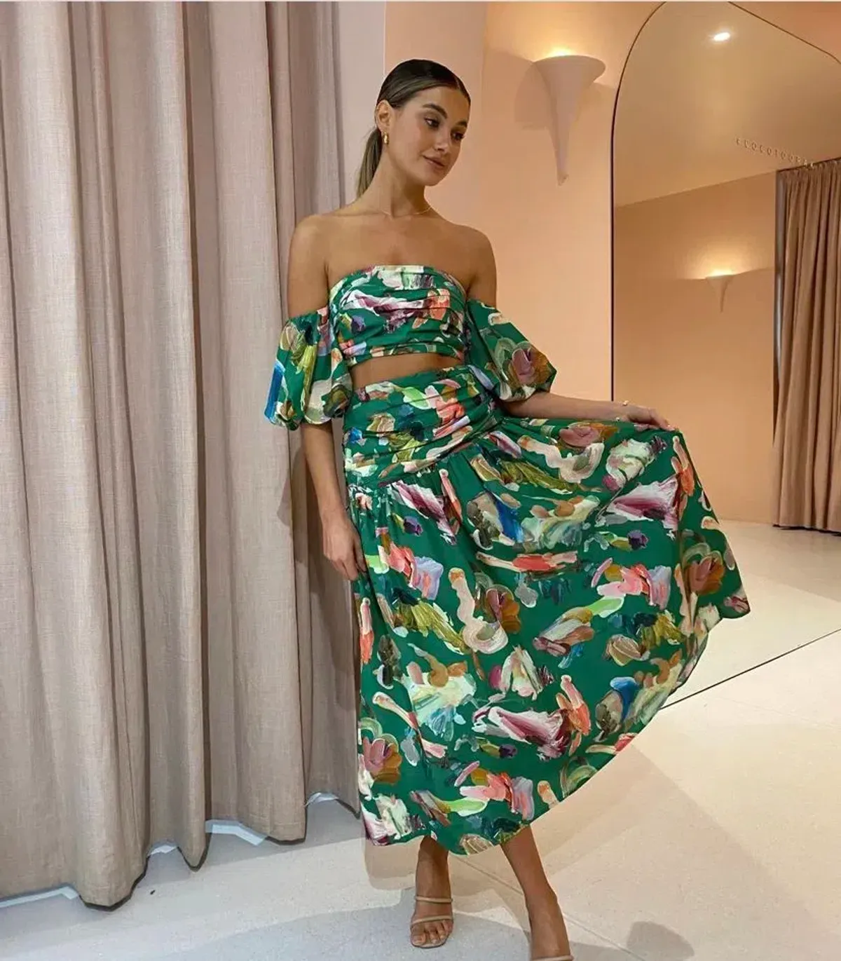 Alemais Arlo Puff Sleeve Crop Top & Midi Skirt Set Green Multi Size 8 - Image 1