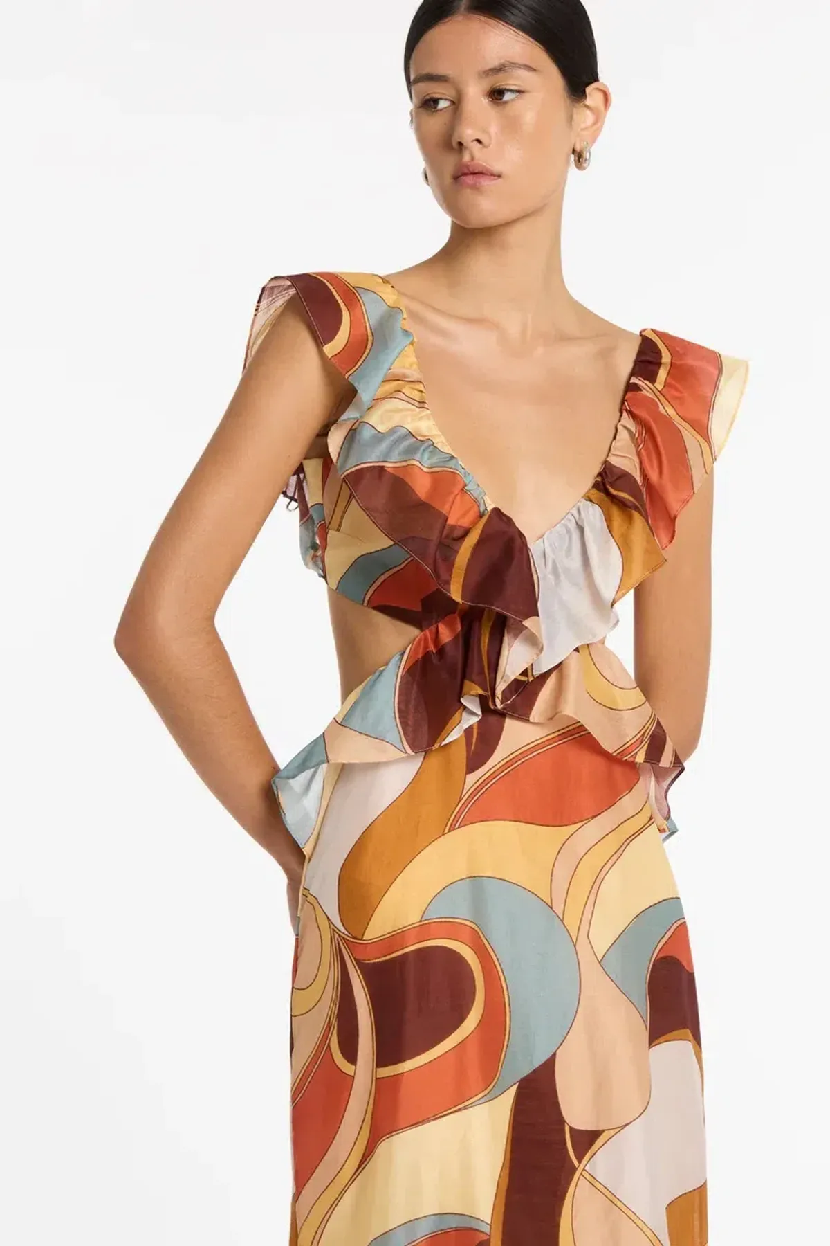 Sir The Label Vista Frill Midi Dress in Vista Print (Size 1 / AUS 8) - Image 3