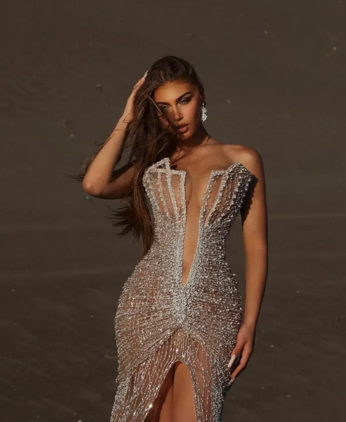 Albina Dyla Pearl Beaded Deep V Gown - Image 3