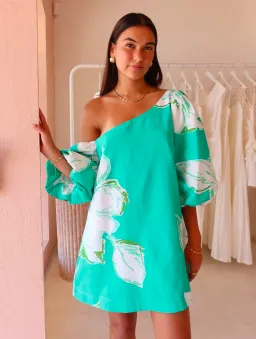By Nicola Capri Off Shoulder Relaxed Mini Dress in Verde Fleur Size 10 for rent on The Volte - image 1