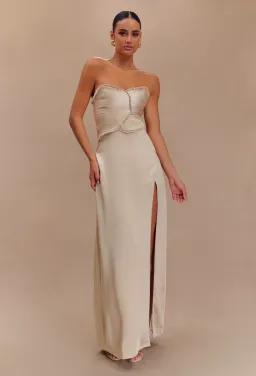 Larissa Satin Maxi Dress With Ruched Petals - Champagne MESHKI for rent on The Volte - image 1