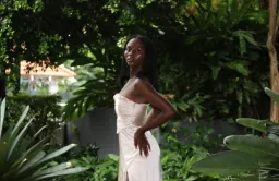 Larissa Satin Maxi Dress With Ruched Petals - Champagne MESHKI for rent on The Volte - image 5