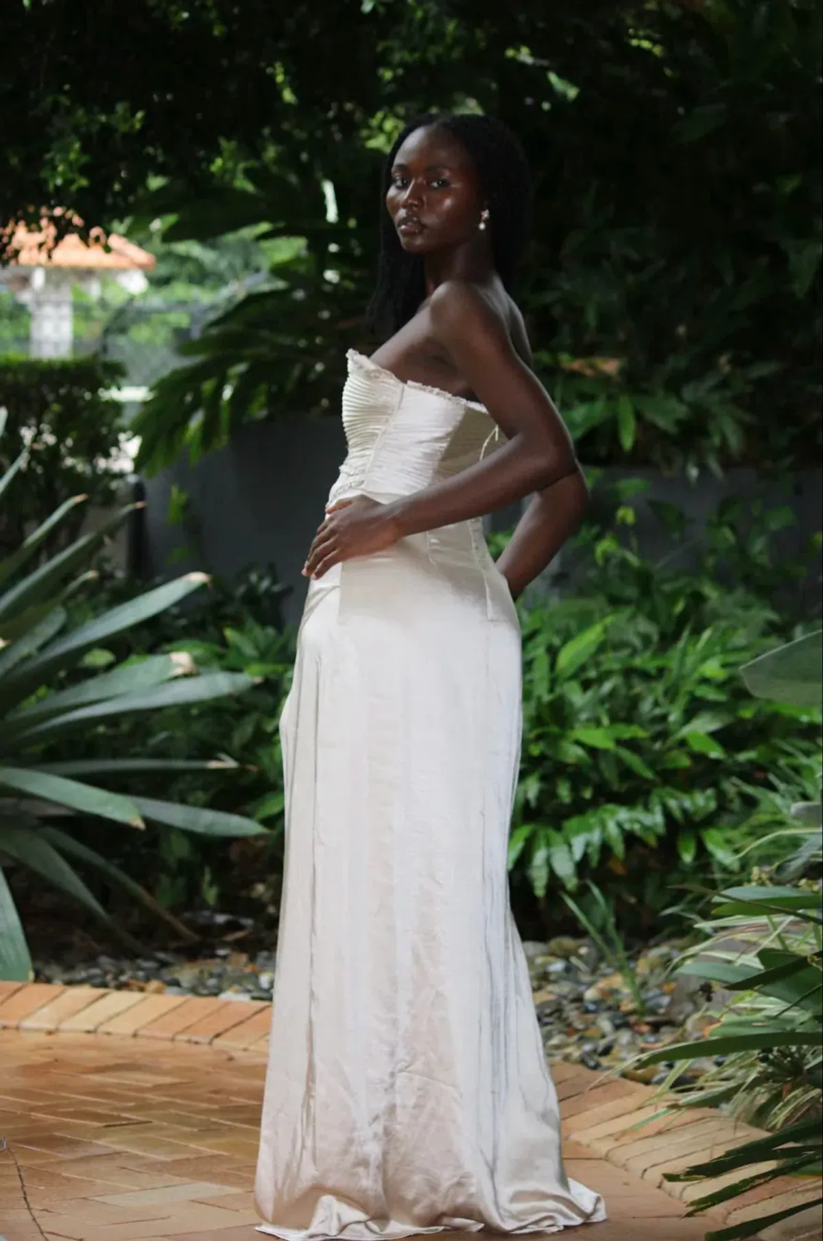 Larissa Satin Maxi Dress With Ruched Petals - Champagne MESHKI - Image 7