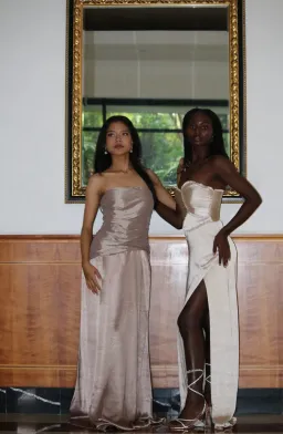 Larissa Satin Maxi Dress With Ruched Petals - Champagne MESHKI for rent on The Volte - image 6