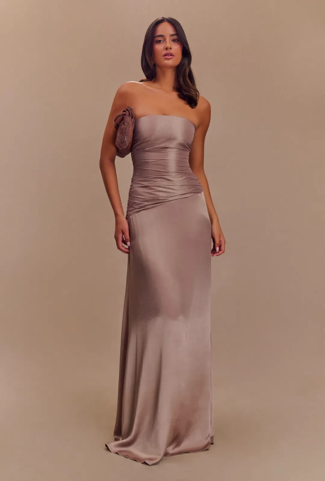 Serena Strapless Taffeta Maxi Dress - Bronze Taupe MESHKI size S for rent on The Volte - main image