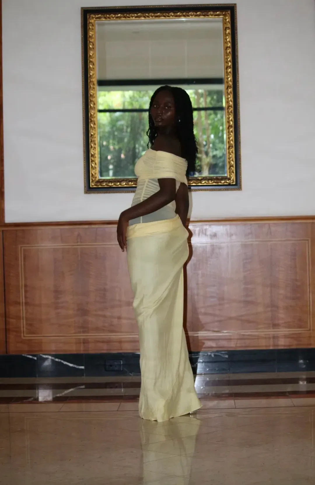 BENNI, Nico Off Shoulder Maxi Dress - Butter size 8 for rent on The Volte - main image