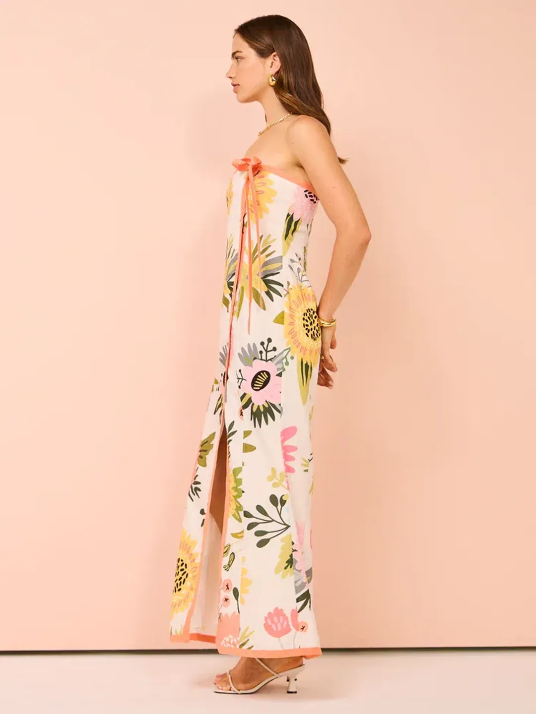 By Nicola Claudia Strapless Wrap Maxi Dress in Potpourri/Melon Size 6 for rent on The Volte - main image