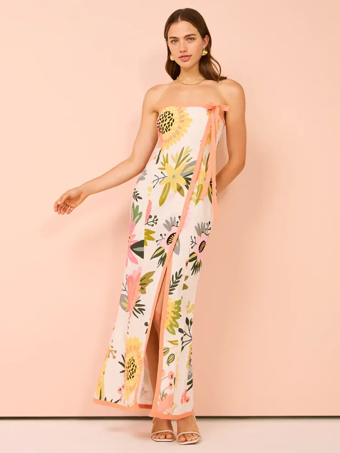 By Nicola Claudia Strapless Wrap Maxi Dress in Potpourri/Melon Size 6 for rent on The Volte - main image