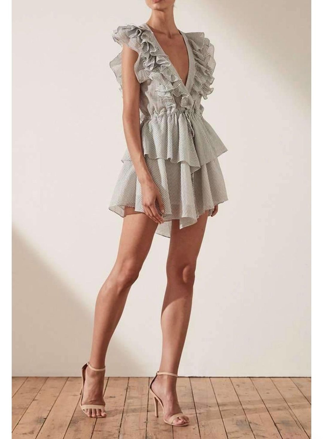 Shona Joy Rye Ruffle Drawstring Mini Dress Blue Size 6 for rent on The Volte - main image