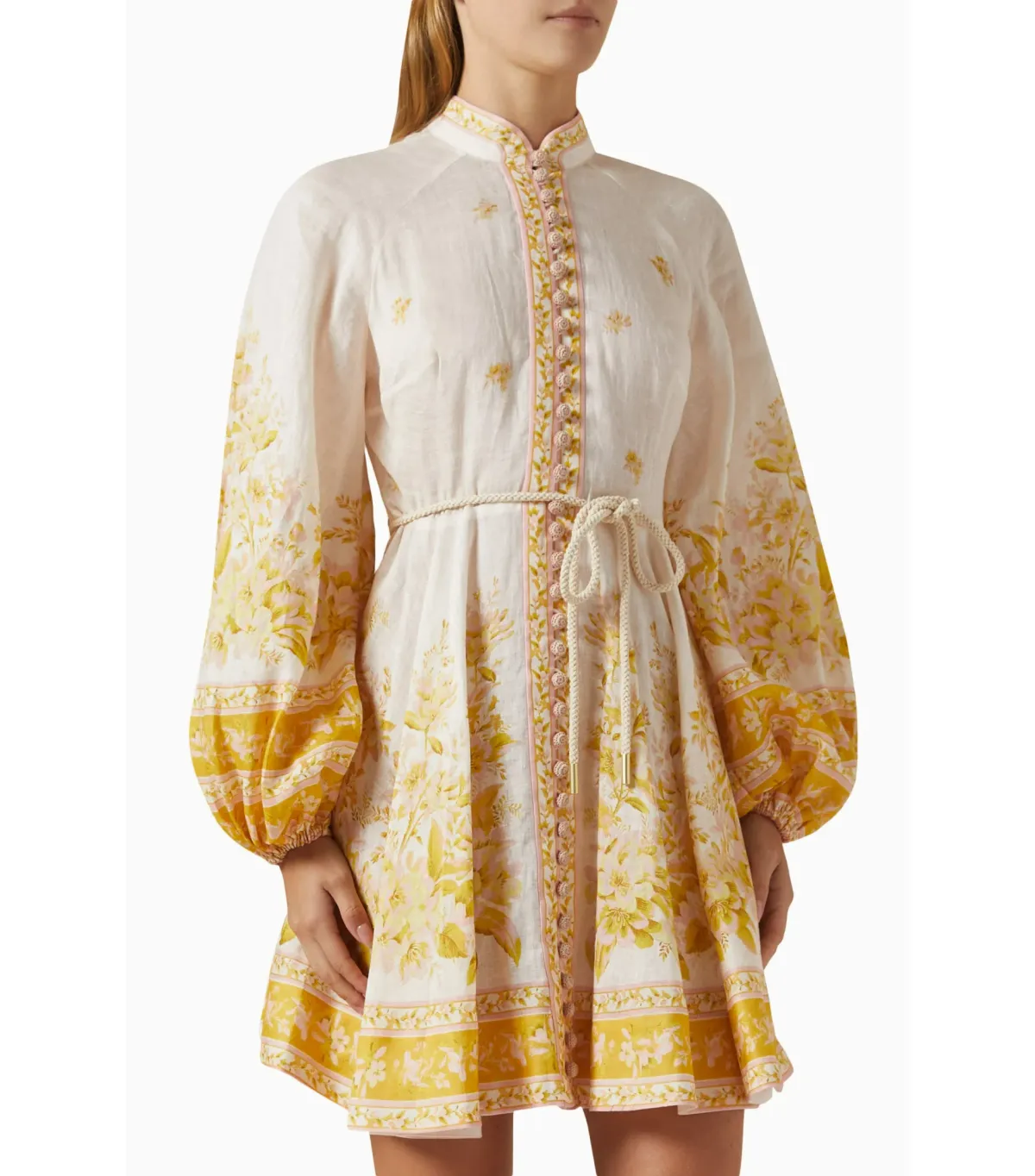 Zimmermann Golden Button Mini Dress In Pink/Gold Floral Size 0 / AU 8 - Image 2