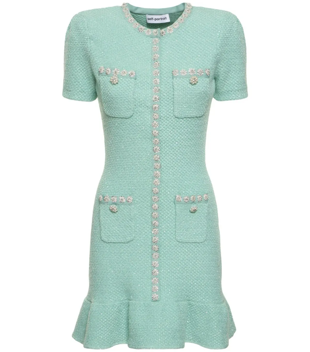 Self Portrait Tweed Embellished Mini Dress Green Size AU 8 - Image 3