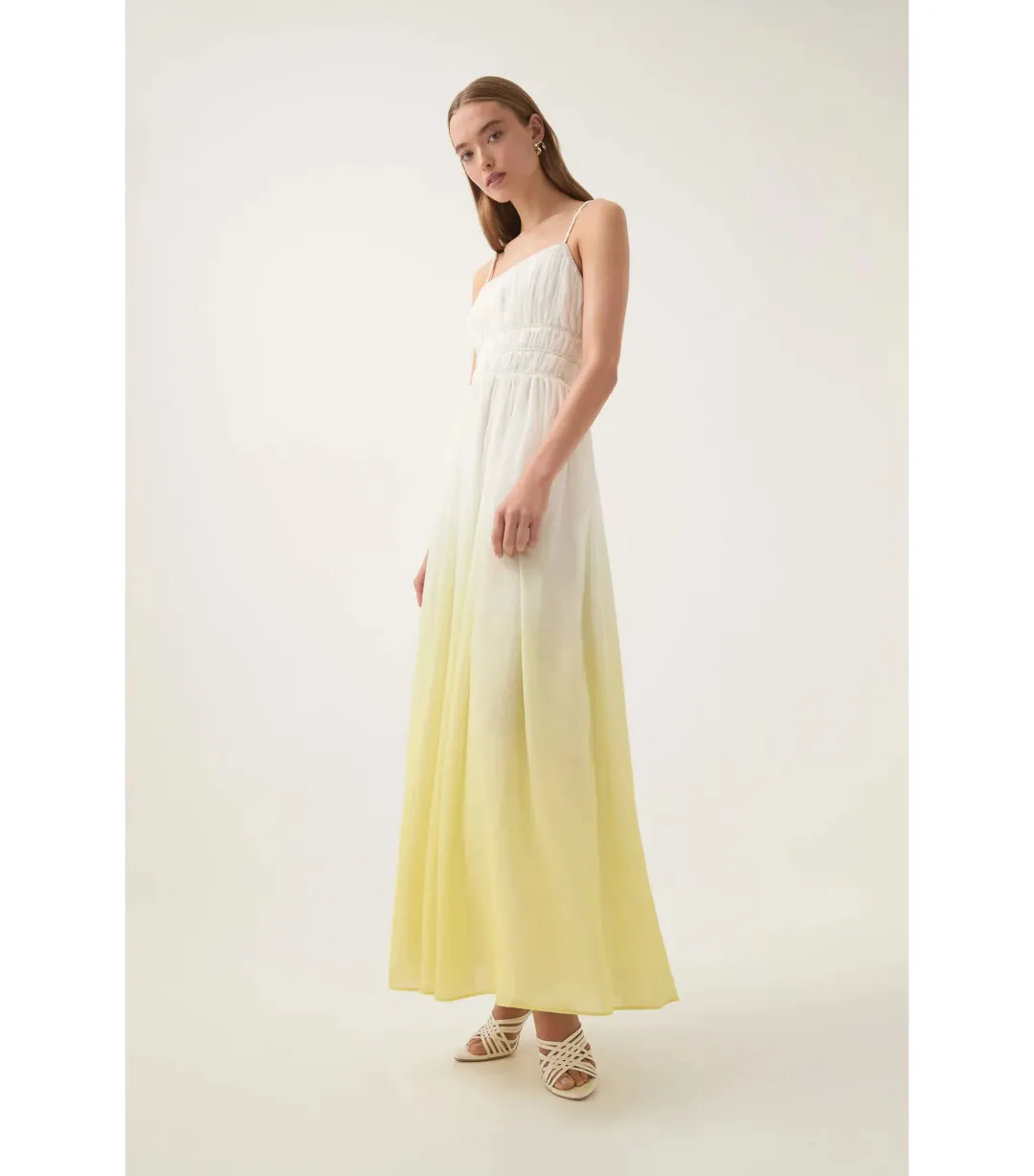 Aje Acapella Ruched Midi Dress Sunrise Ombre Size AU 12 for rent on The Volte - main image