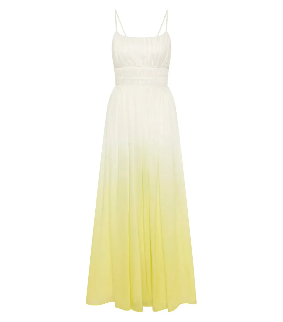 Aje Acapella Ruched Midi Dress Sunrise Ombre Size AU 12 for rent on The Volte - main image