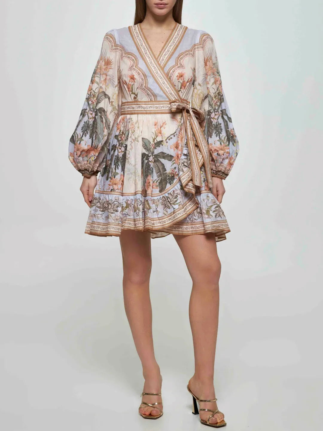 Zimmermann Wylie Mini Wrap Frill Dress in Blue Floral Size 2 / AU 12 for rent on The Volte - main image