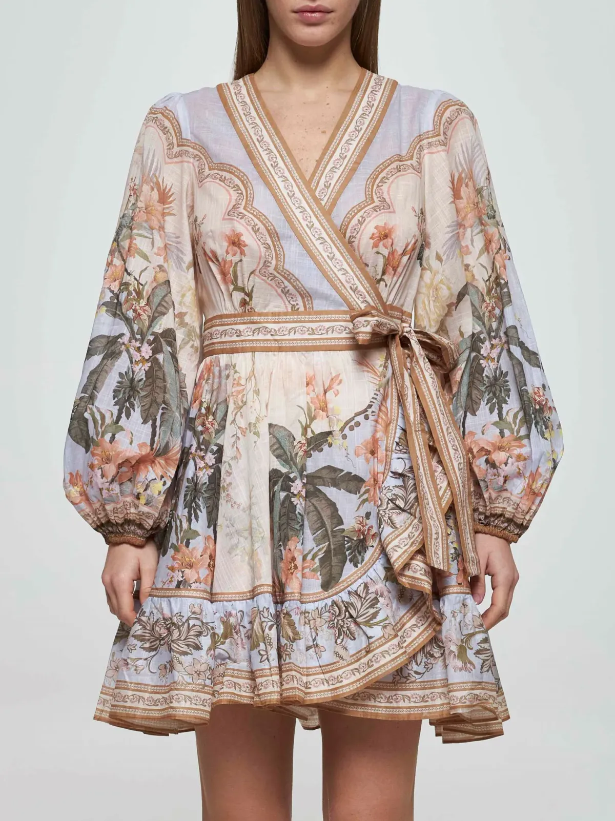 Zimmermann Wylie Mini Wrap Frill Dress in Blue Floral Size 2 / AU 12 for rent on The Volte - main image