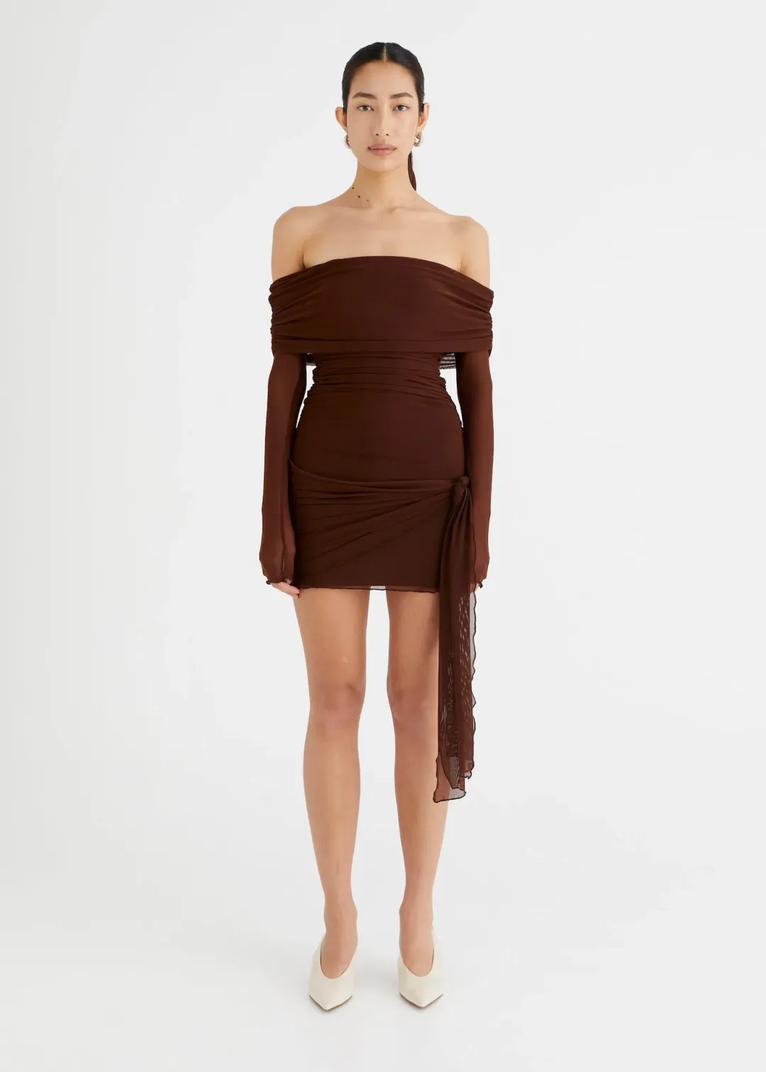 Benni Yasmin Off Shoulder Mini Dress in Cocoa Brown Size S / AU 8 for rent on The Volte - main image