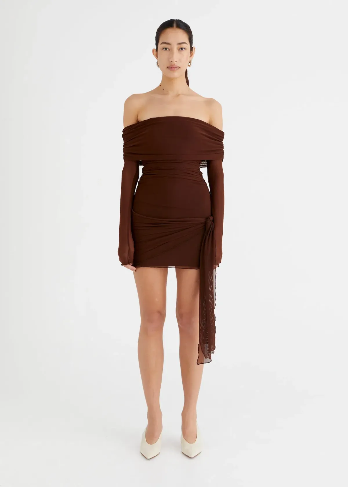 Benni Yasmin Off Shoulder Mini Dress in Cocoa Brown Size S / AU 8 for rent on The Volte - main image