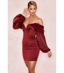 House Of CB Olivia Satin Off Shoulder Dress Wine Size M / AU 10 for rent on The Volte - image 3