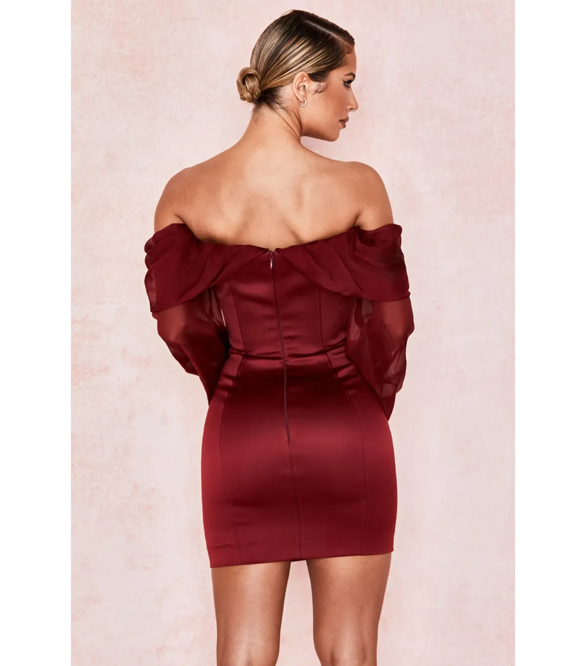 House Of CB Olivia Satin Off Shoulder Dress Wine Size M / AU 10 - Image 4