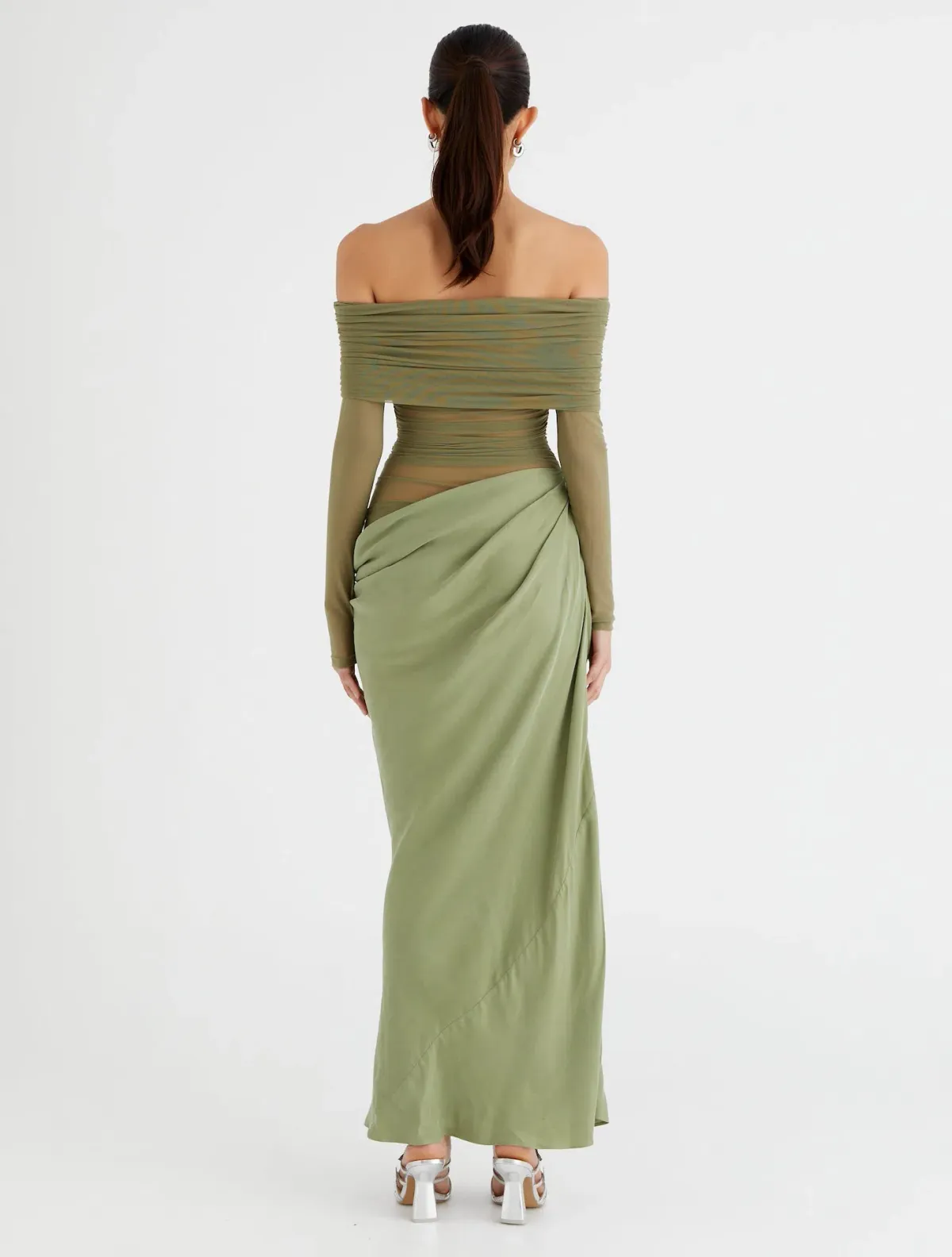 Benni Yasmin Off Shoulder Maxi Dress in Pistachio Size AU 10 - Image 2