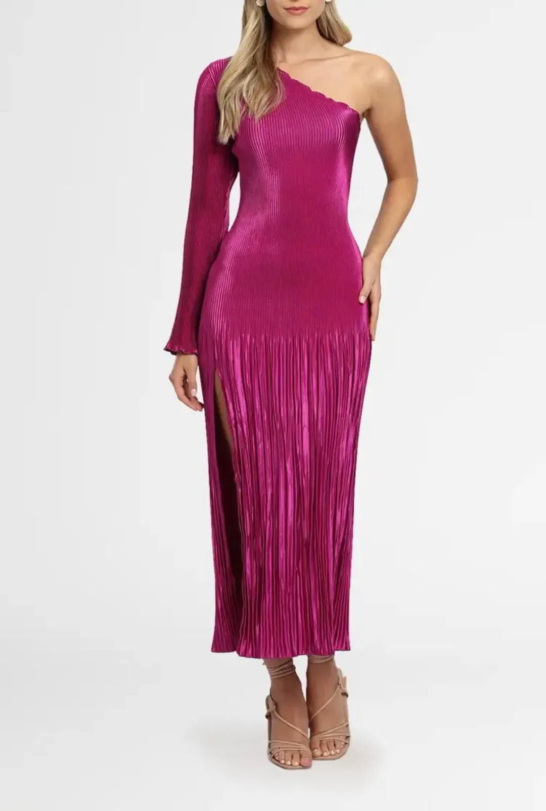 L'idee Soirée One Shoulder Long Sleeve Dress in Magenta Size 8 for rent on The Volte - main image