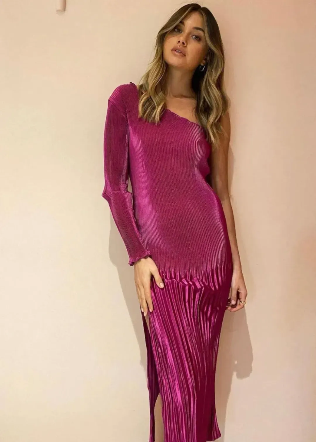 L'idee Soirée One Shoulder Long Sleeve Dress in Magenta Size 8 for rent on The Volte - main image