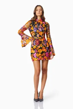 Elliatt Alessandra Floral Long Sleeve Mini Dress in Orange Multi Size for rent on The Volte - image 1