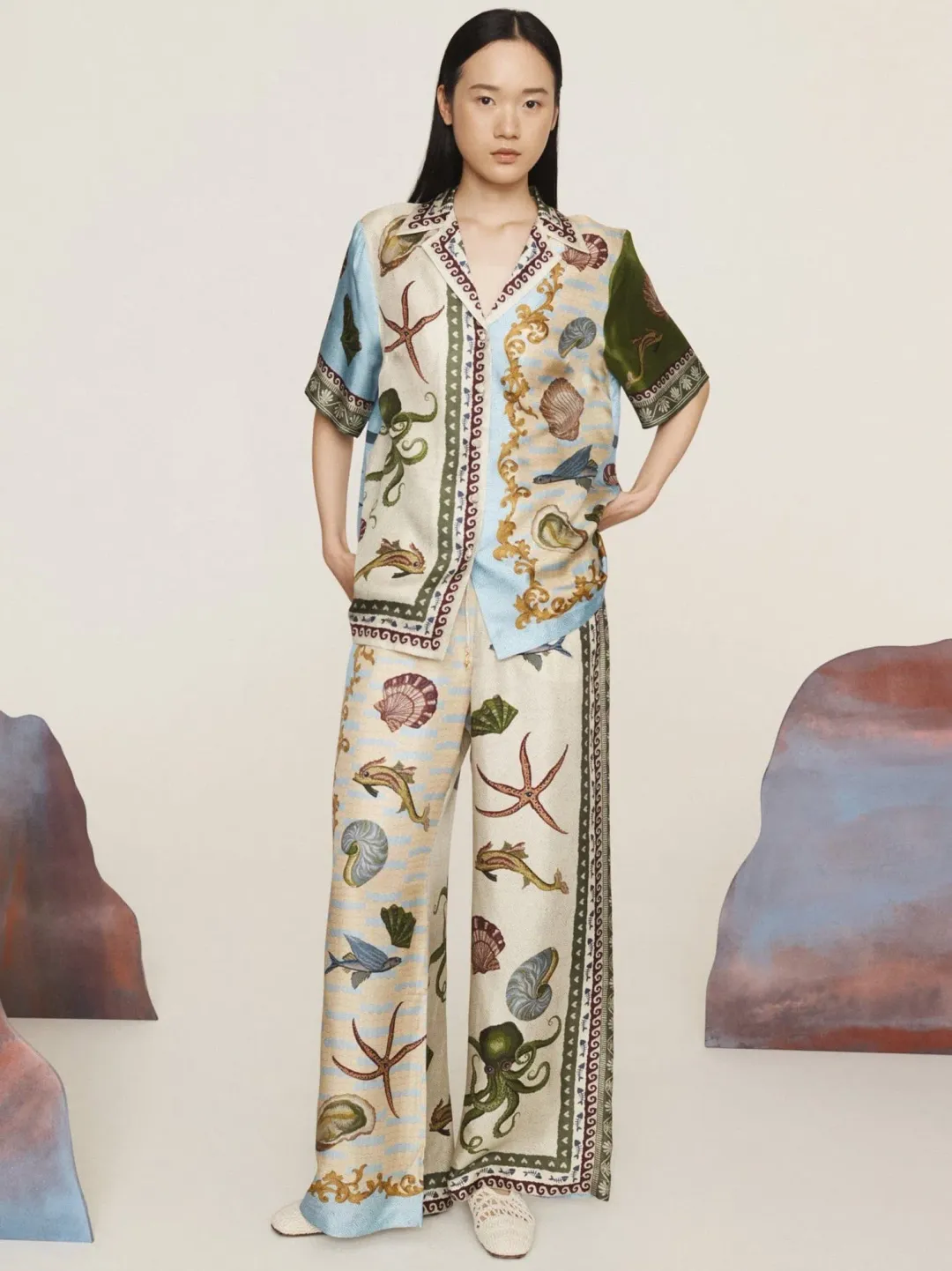 Alemais Bath House Silk Shirt and Pants Set Multi Size 14 for rent on The Volte - main image