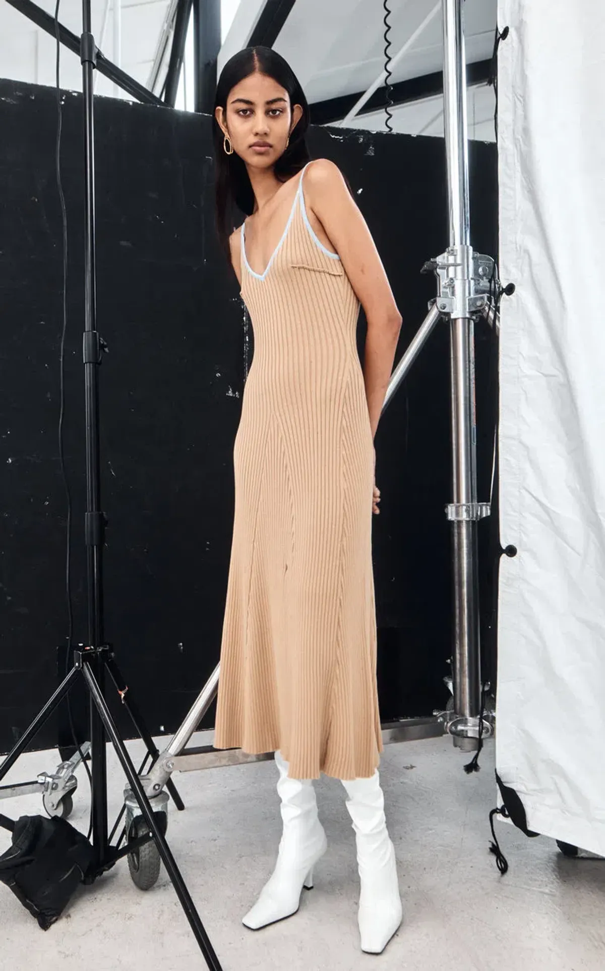 Anna Quan Scarlet Ribbed Knit Cotton Midi Dress Tan/Blue Size 10 for rent on The Volte - main image