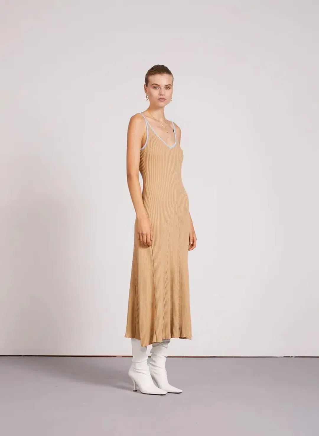 Anna Quan Scarlet Ribbed Knit Cotton Midi Dress Tan/Blue Size 10 for rent on The Volte - main image