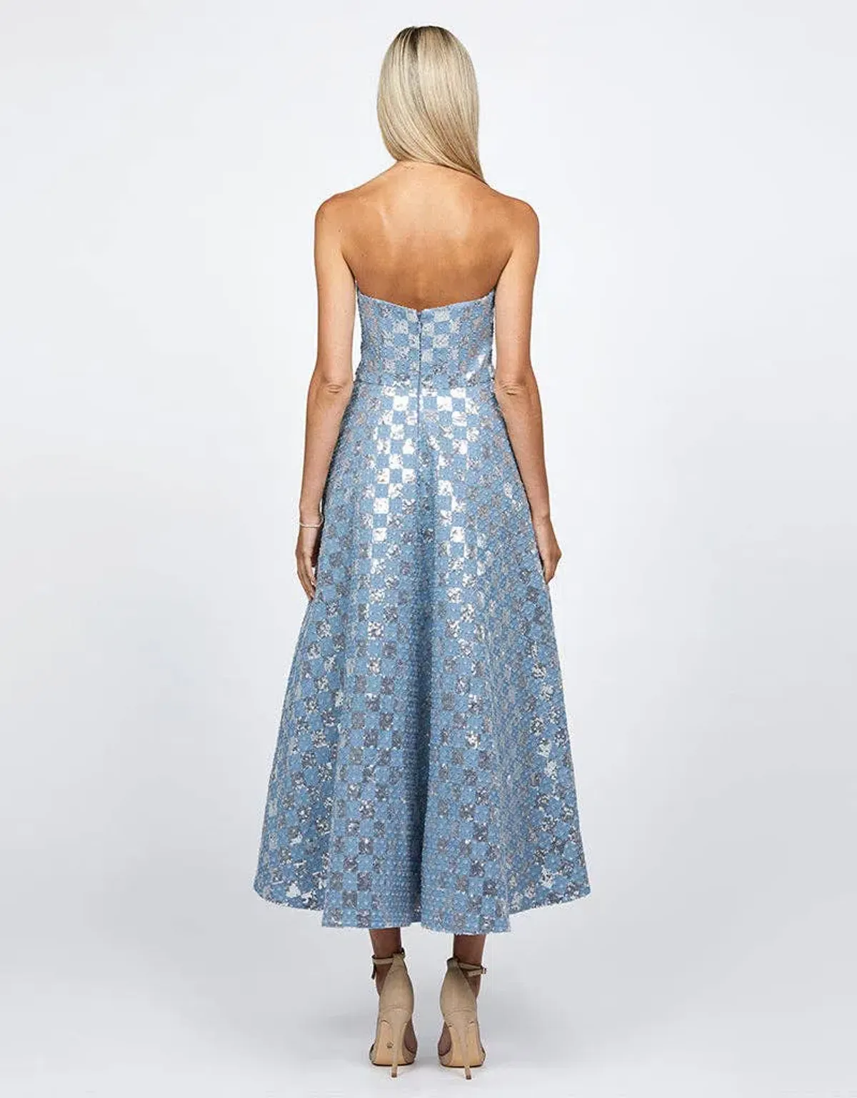 Bariano Zaharina Strapless Tea Midi Dress in Silver/Blue Size AU 6 - Image 3