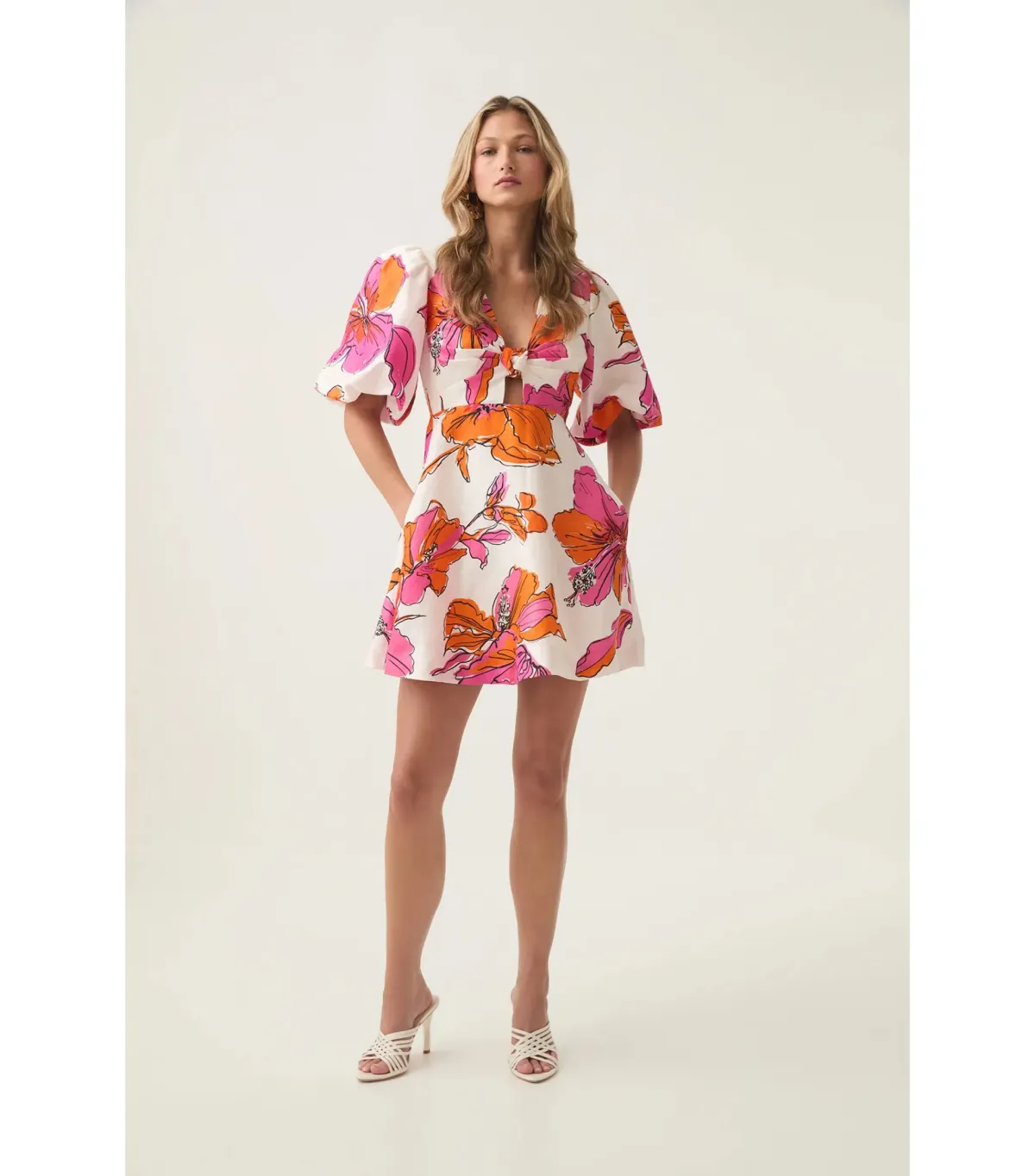 Aje Overflow Knotted Mini Dress Vivid Hibiscus Size AU 16 for rent on The Volte - main image
