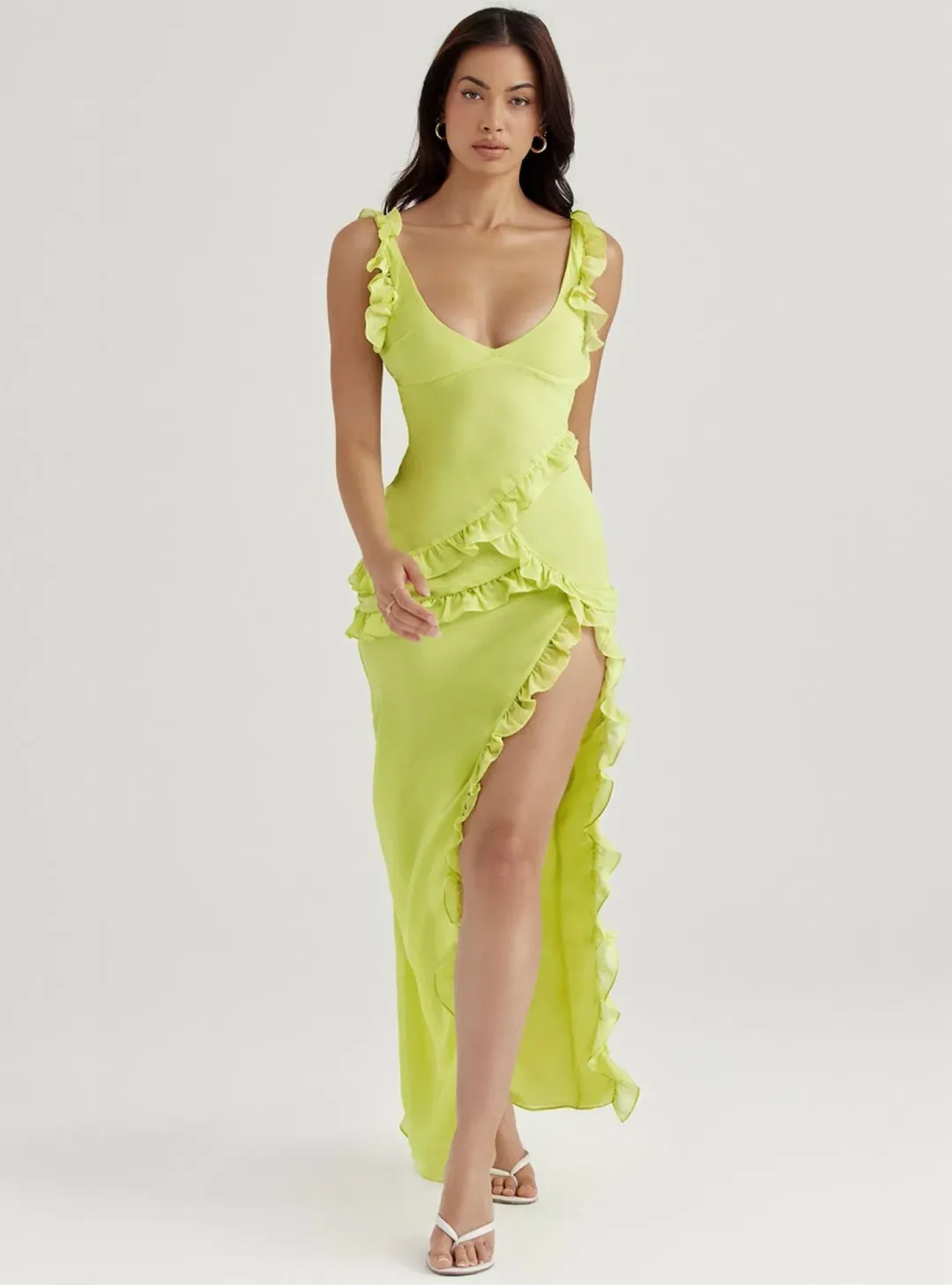 House Of CB Pixie Ruffle Maxi Dress in Lime Size XS / AU 6 for rent on The Volte - main image