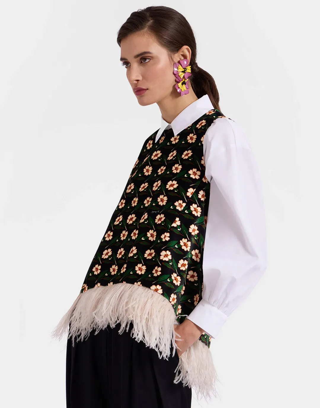 La Double J La Scala Top Mayfair Black in Cotton Velvet With Feathers Size XS / AU 6 for rent on The Volte - main image